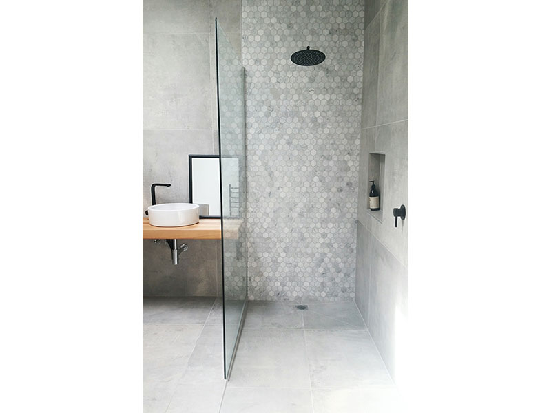 Contemporary Concrete Look Bathroom, Concrete Look Hexagon Floor Tile
