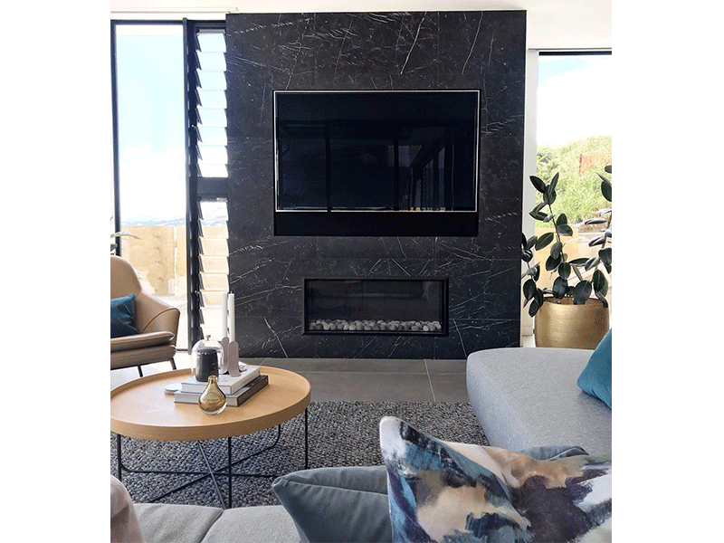 black marble tile fireplace